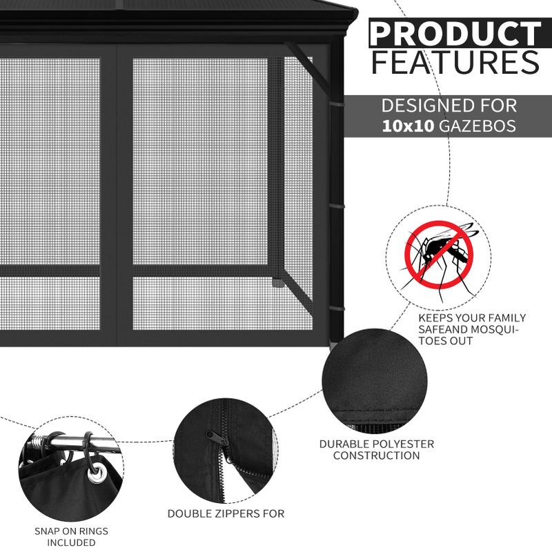 AONEAR Gazebo Universal Replacement Mosquito Netting  10' x 10' Outdoor Mesh Netting Screen 4-Panel Sidewall with Zipper for Patio  Canopy  Garden and Backyard  Black(Mosquito Net Only) - Image 5